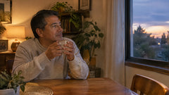 Hombre latino de unos 50 años tomando una infusión caliente en el comedor de su casa al anochecer, junto a la ventana
