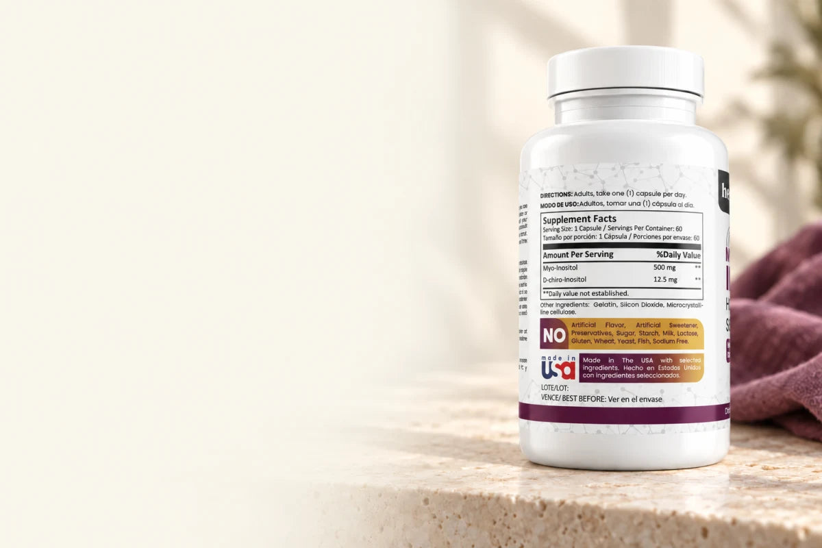Reverso del frasco de Myo + D-Chiro Inositol con su tabla nutricional