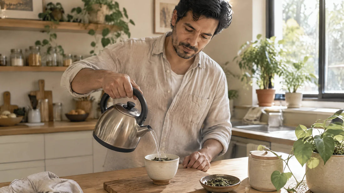 Hombre latino de unos 35 años sirviendo agua caliente sobre hojas secas en una taza, en la cocina de su casa con luz de mediodía