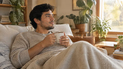 Hombre latino de unos 28 años descansando en el sofá con una manta y una taza de infusión caliente, con luz de la tarde