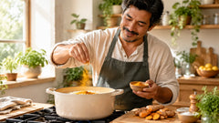 Hombre latino de unos 40 años espolvoreando cúrcuma en polvo sobre una olla de arroz en la cocina de su casa, con luz de la tarde