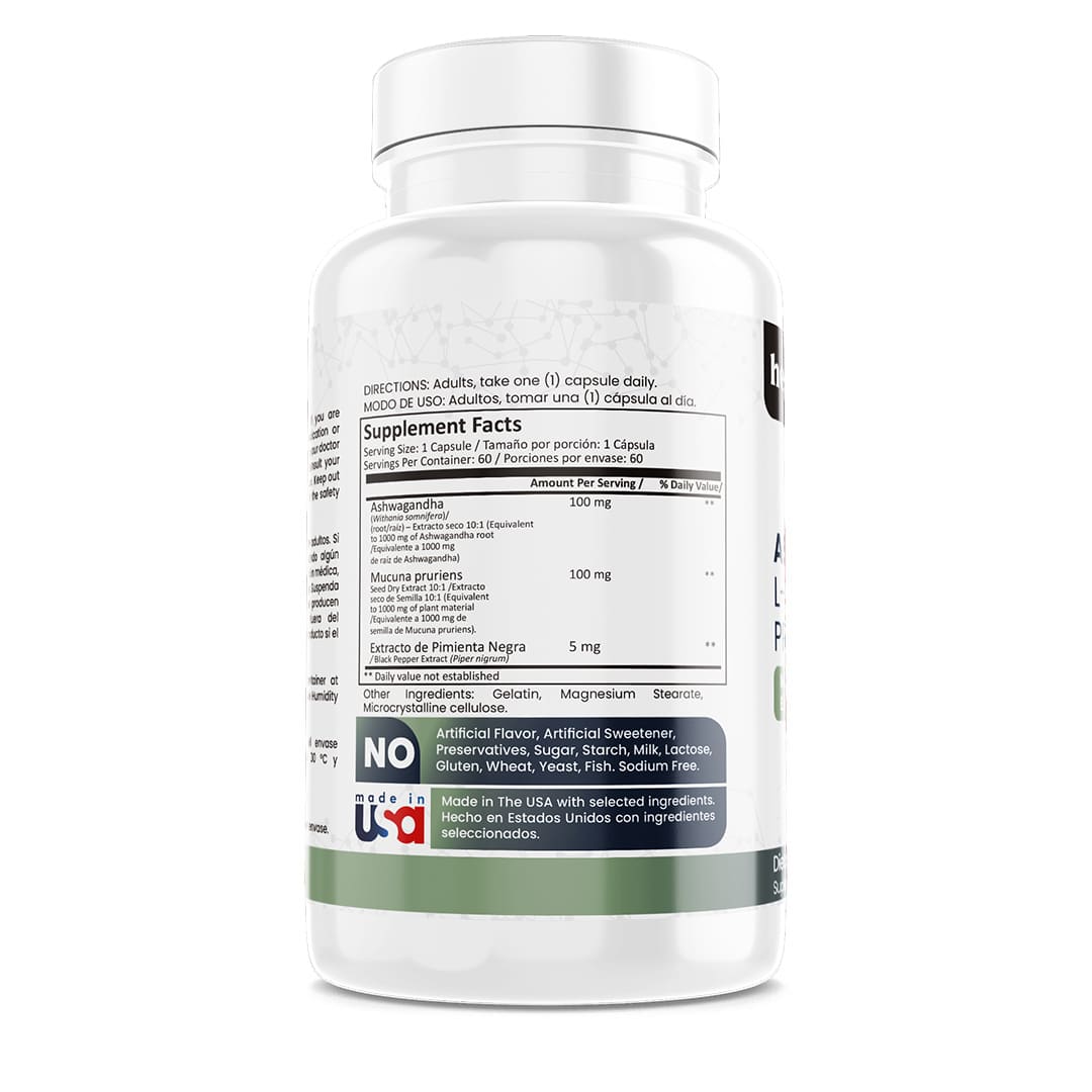 Ashwagandha 100 mg + L-Dopa Mucuna Pruriens suplemento para estrés y enfoque