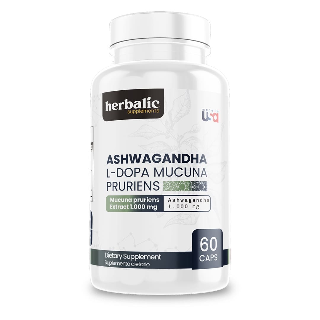 Suplemento natural con L-Dopa Mucuna Pruriens y ashwagandha adaptógena