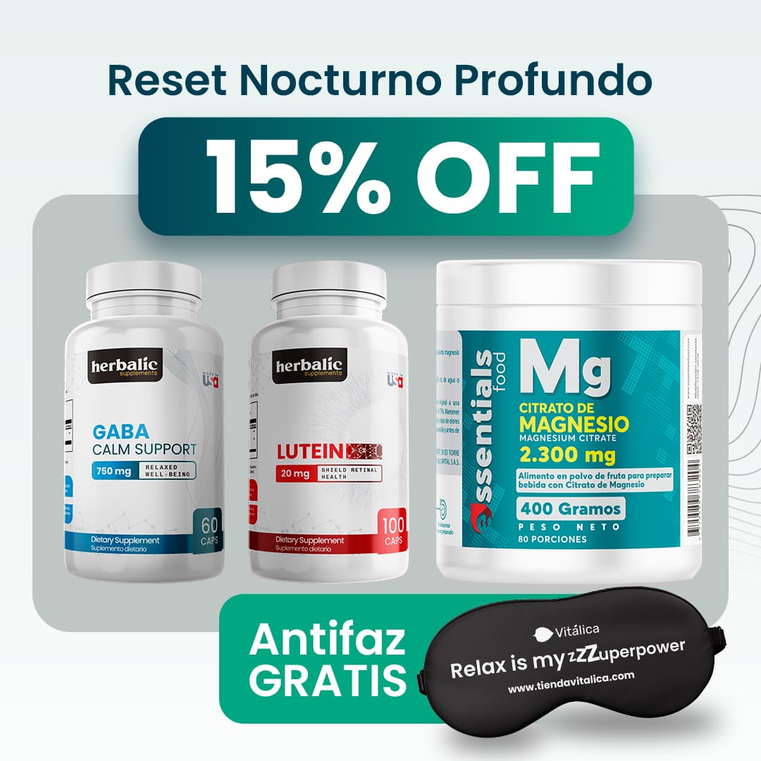 Combo Reset Nocturno Profundo: GABA + Luteína + Citrato de Magnesio + Antifaz GRATIS · 15% OFF
