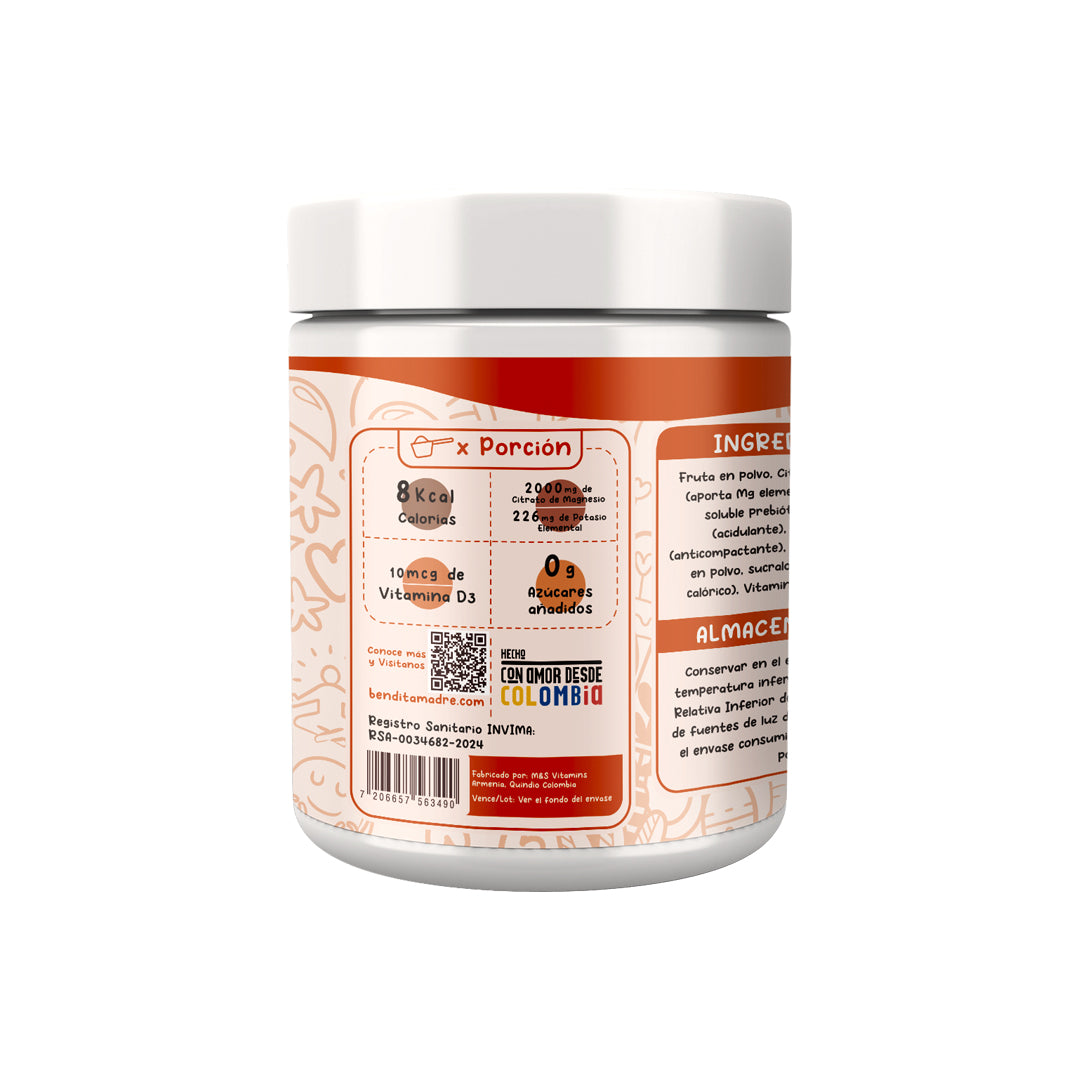 Suplemento de citrato de magnesio con vitamina D3 en polvo con información nutricional visible