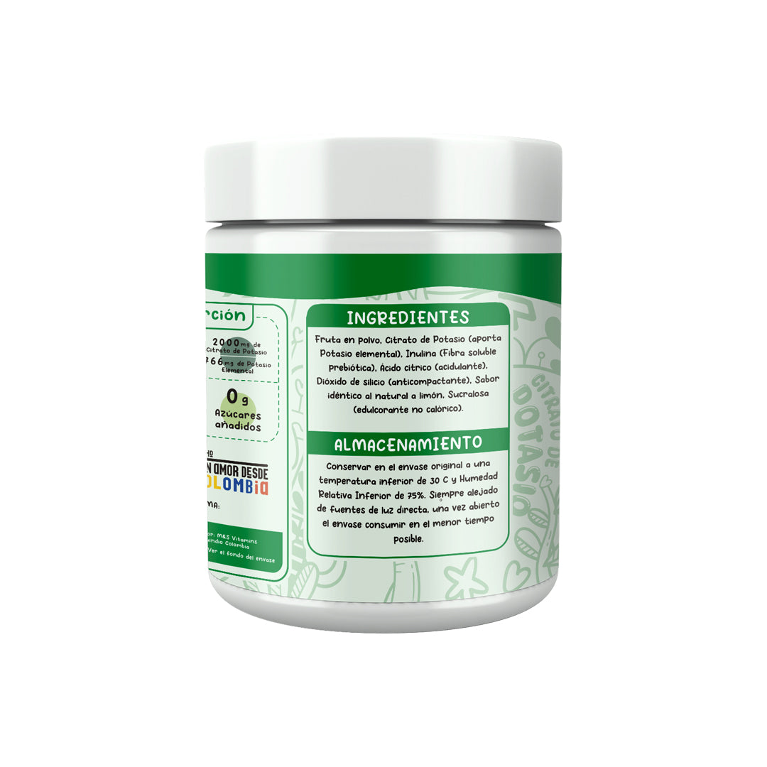 Envase de citrato de potasio sabor limón con ingredientes 