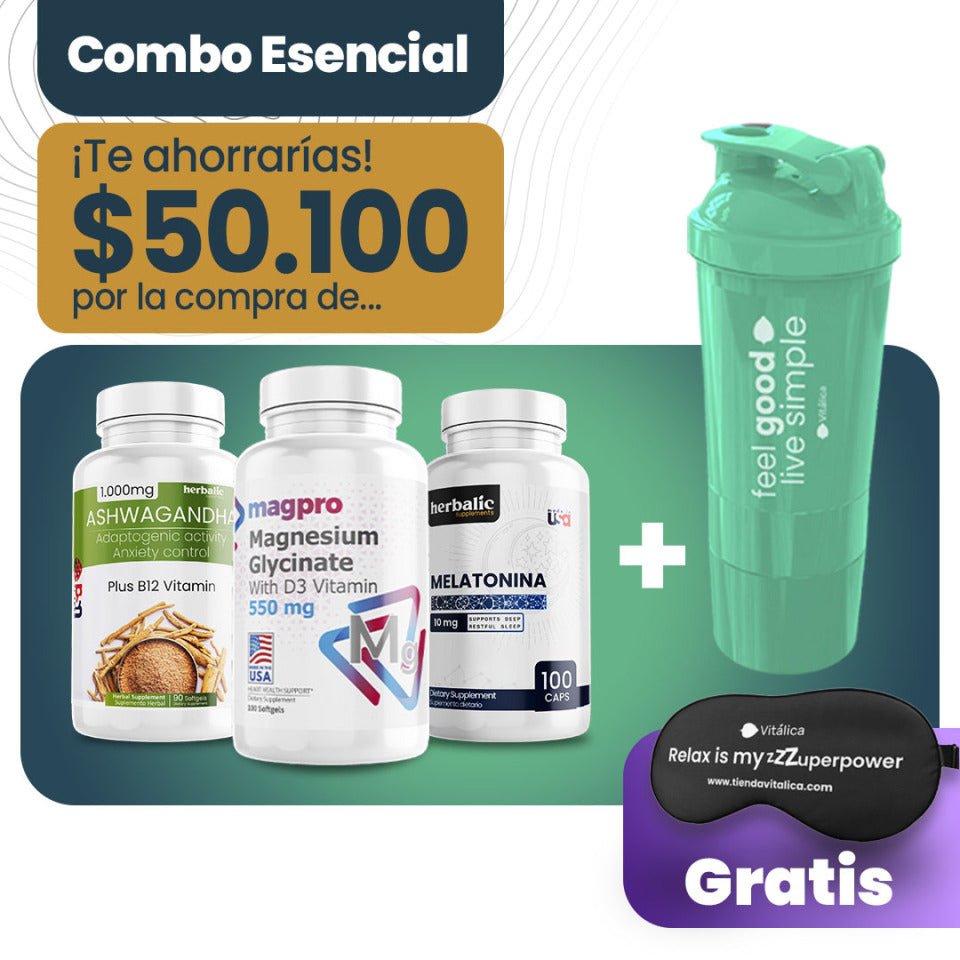 Combo Magnesio Glicinato + Ashwagandha + Melatonina, 100 + 90 + 100 cápsulas