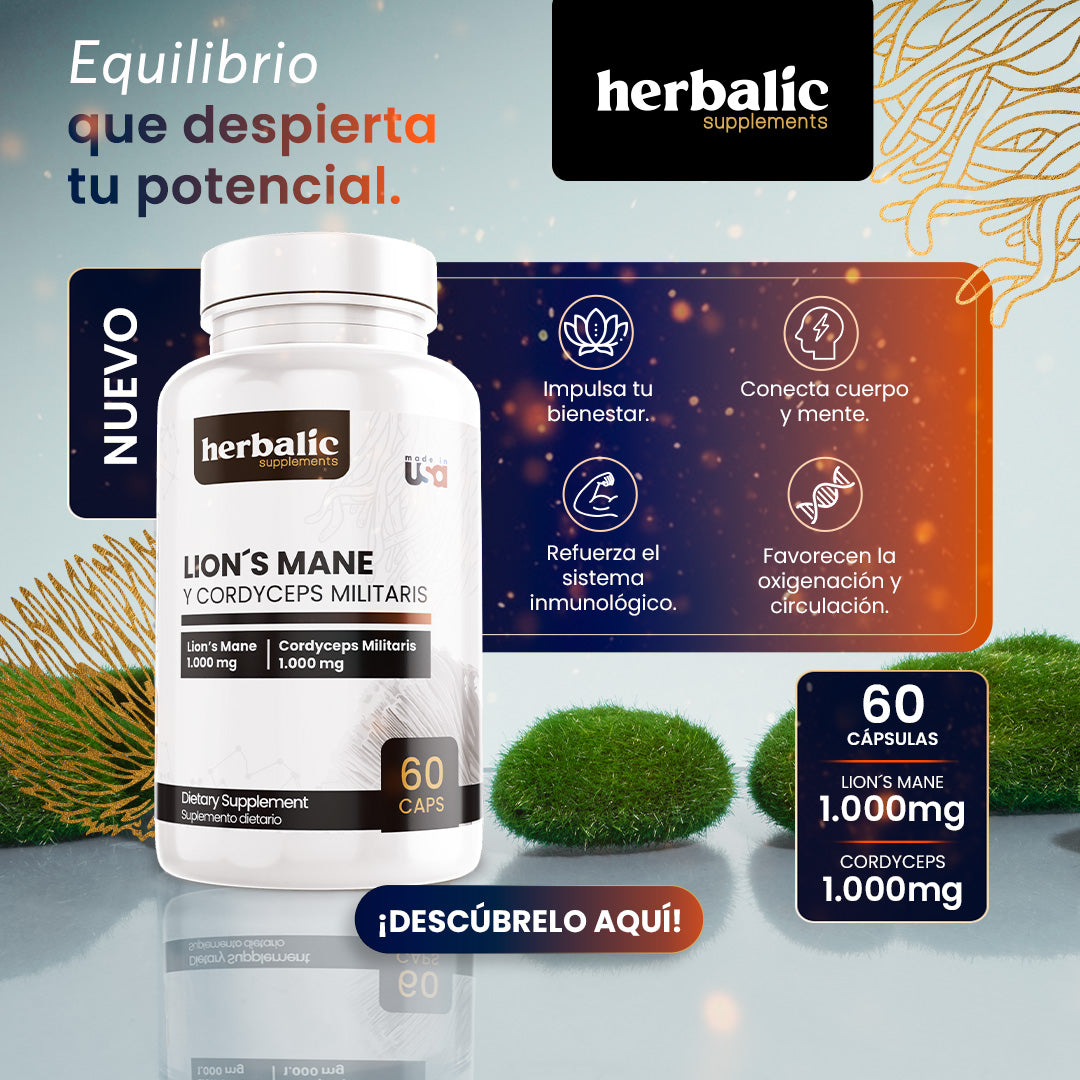 Lion’s Mane y Cordyceps suplemento en cápsulas para memoria y energía