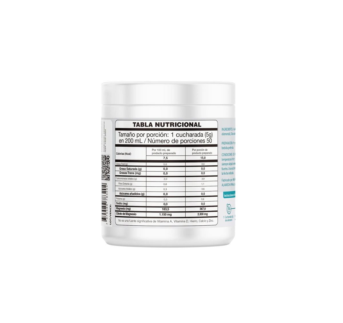 Suplemento de citrato de magnesio 250g polvo etiqueta nutricional visible