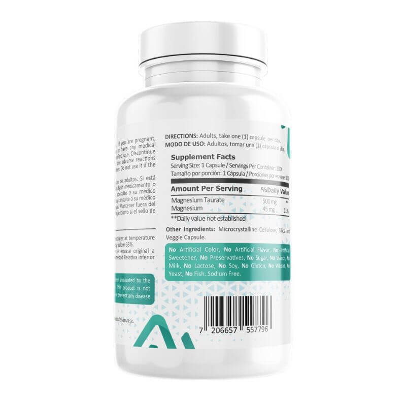 Taurato de magnesio 500mg, 100 cápsulas — imagen 2