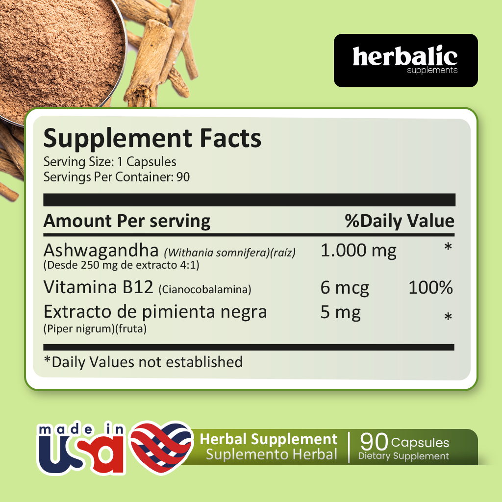 Suplemento ginseng indio ashwagandha con vitamina B12