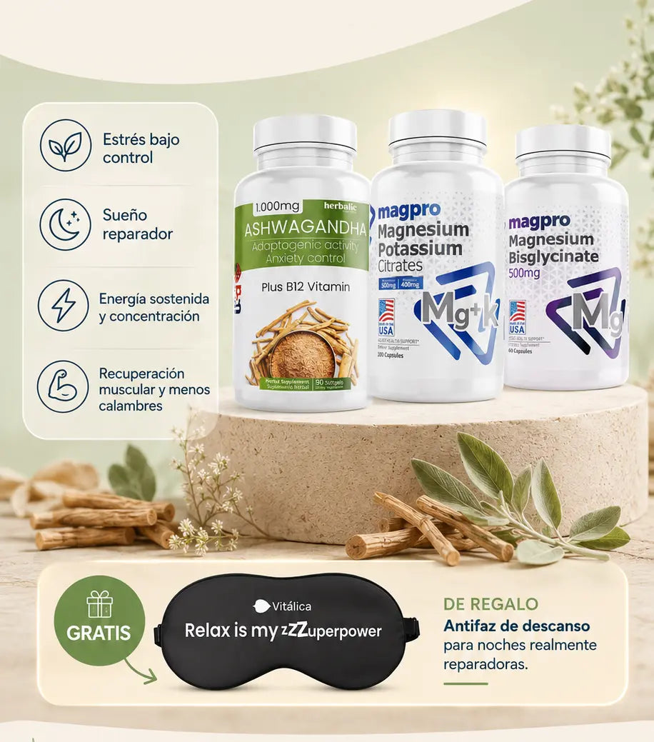 Ashwagandha + Citrato de Magnesio + Bisglicinato + Antifaz ¡GRATIS! 15% OFF