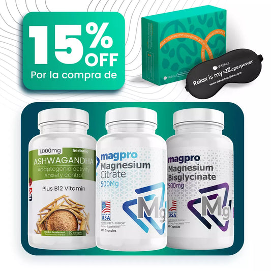 Ashwagandha + Citrato de Magnesio + Bisglicinato + Antifaz ¡GRATIS! 15% OFF