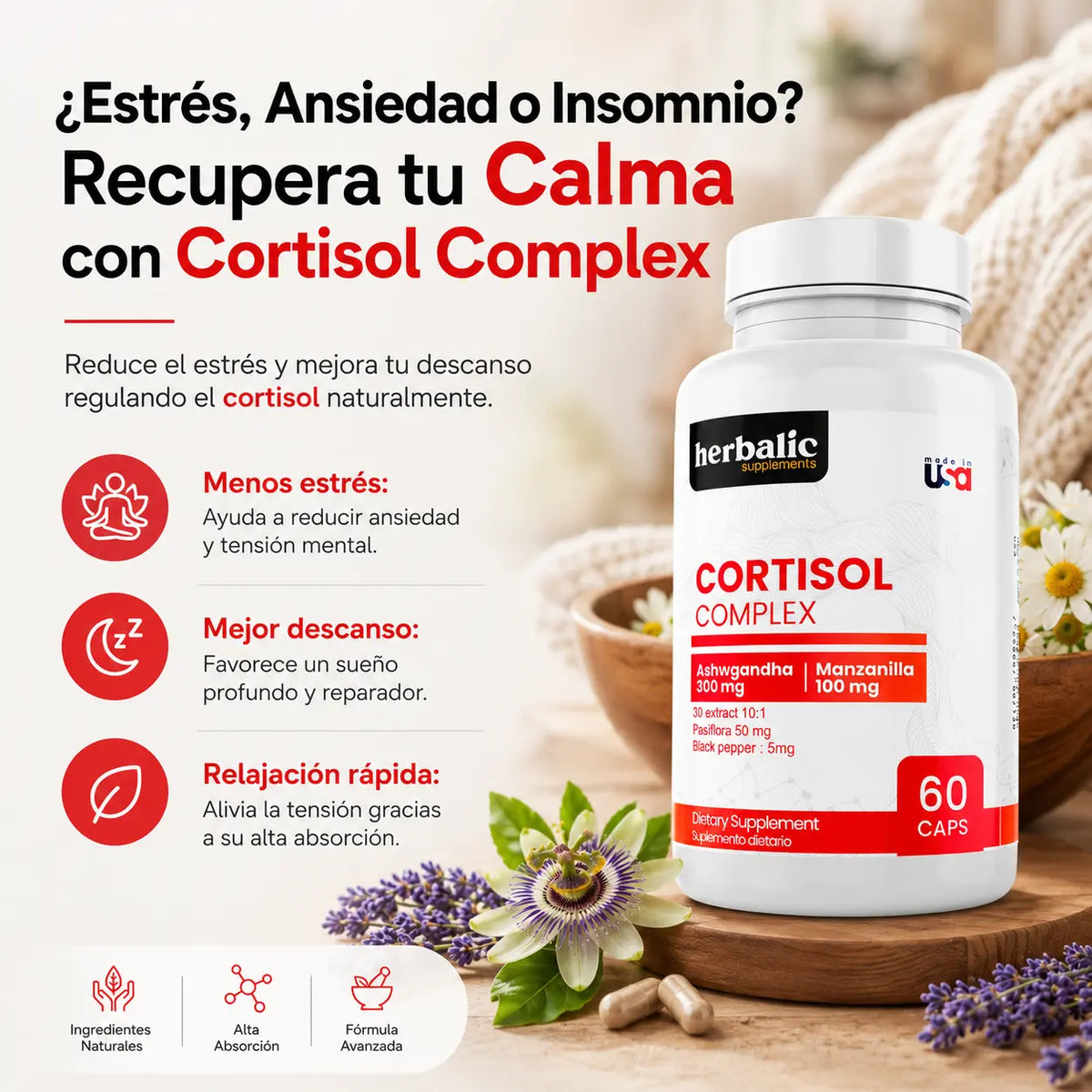 Cortisol Complex: Ashwgandha + Manzanilla + Pasiflora