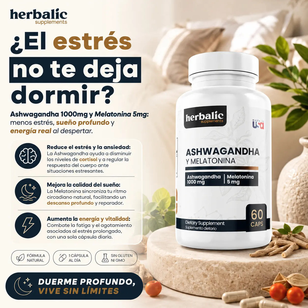 Ashwagandha y Melatonina 1000mg, 60 cápsulas