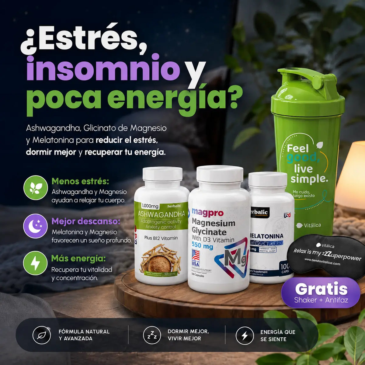 Combo Esencial: Glicinato de Magnesio + Ashwagandha + Melatonina, 100 + 90 + 100 cápsulas