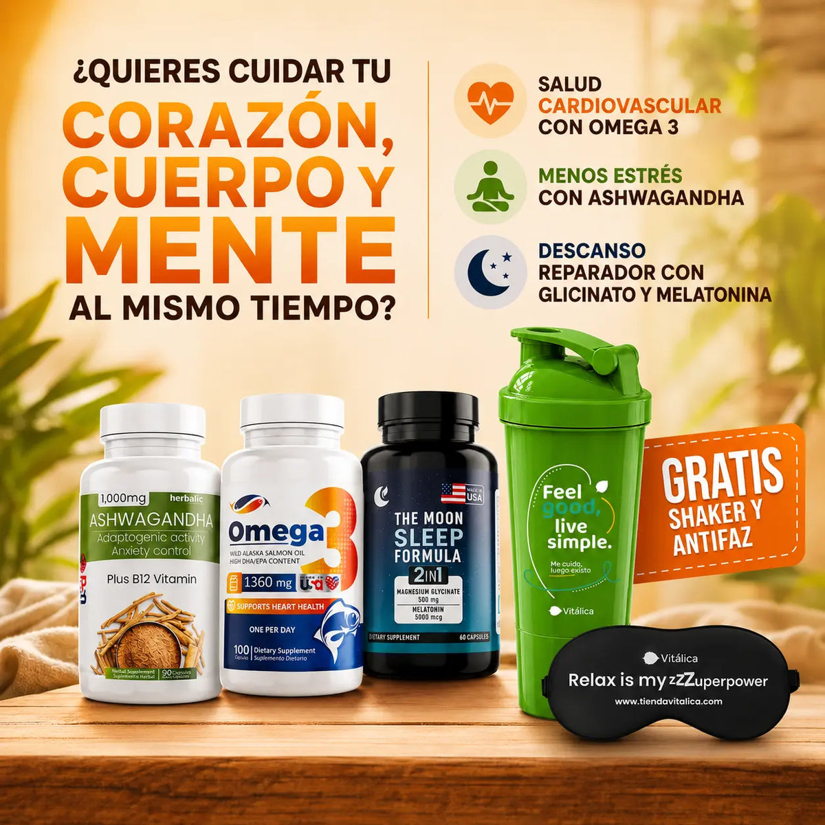 Combo Vitálica: Corazón Cuerpo y Mente ¡Gratis Shaker y Antifaz! 15% OFF
