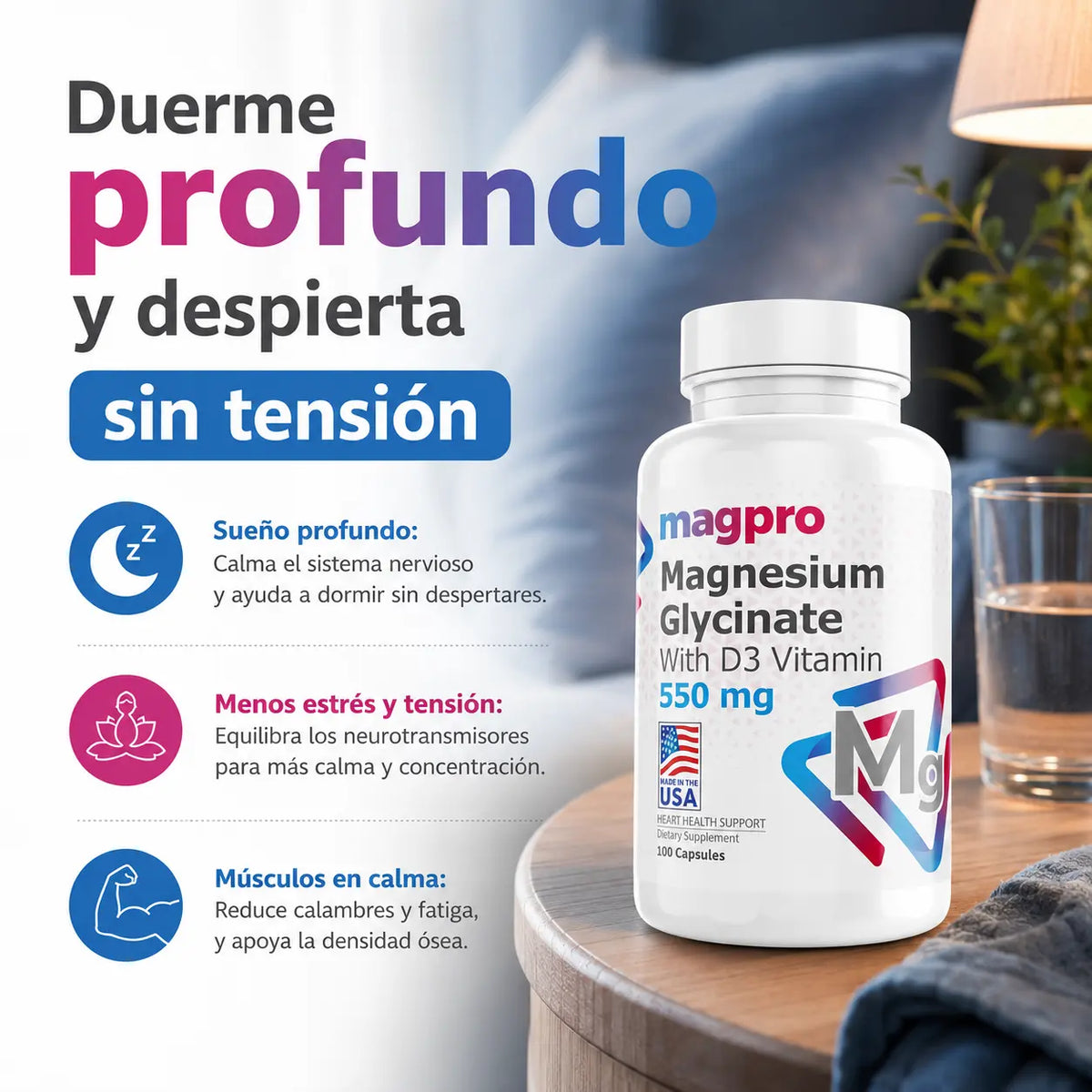 Glicinato de magnesio 550mg, 100 cápsulas