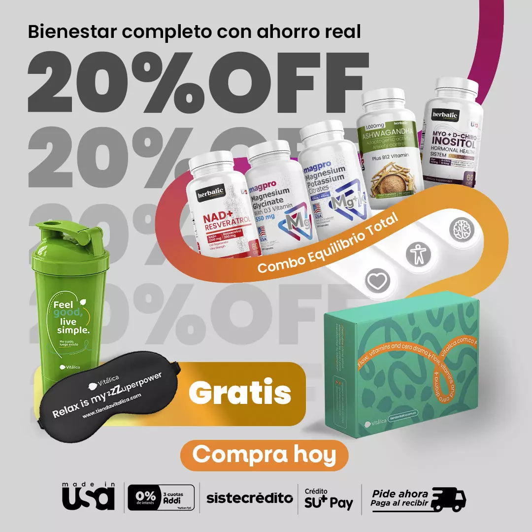 Combo Equilibrio Total: Ashwagandha+ Inositol+ Magnesio+ NAD= Shaker y Antifaz GRATIS- 20% OFF