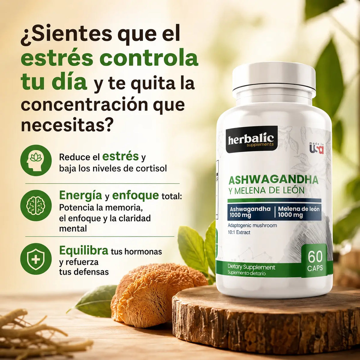Ashwagandha y Melena de leon, 60 cápsulas