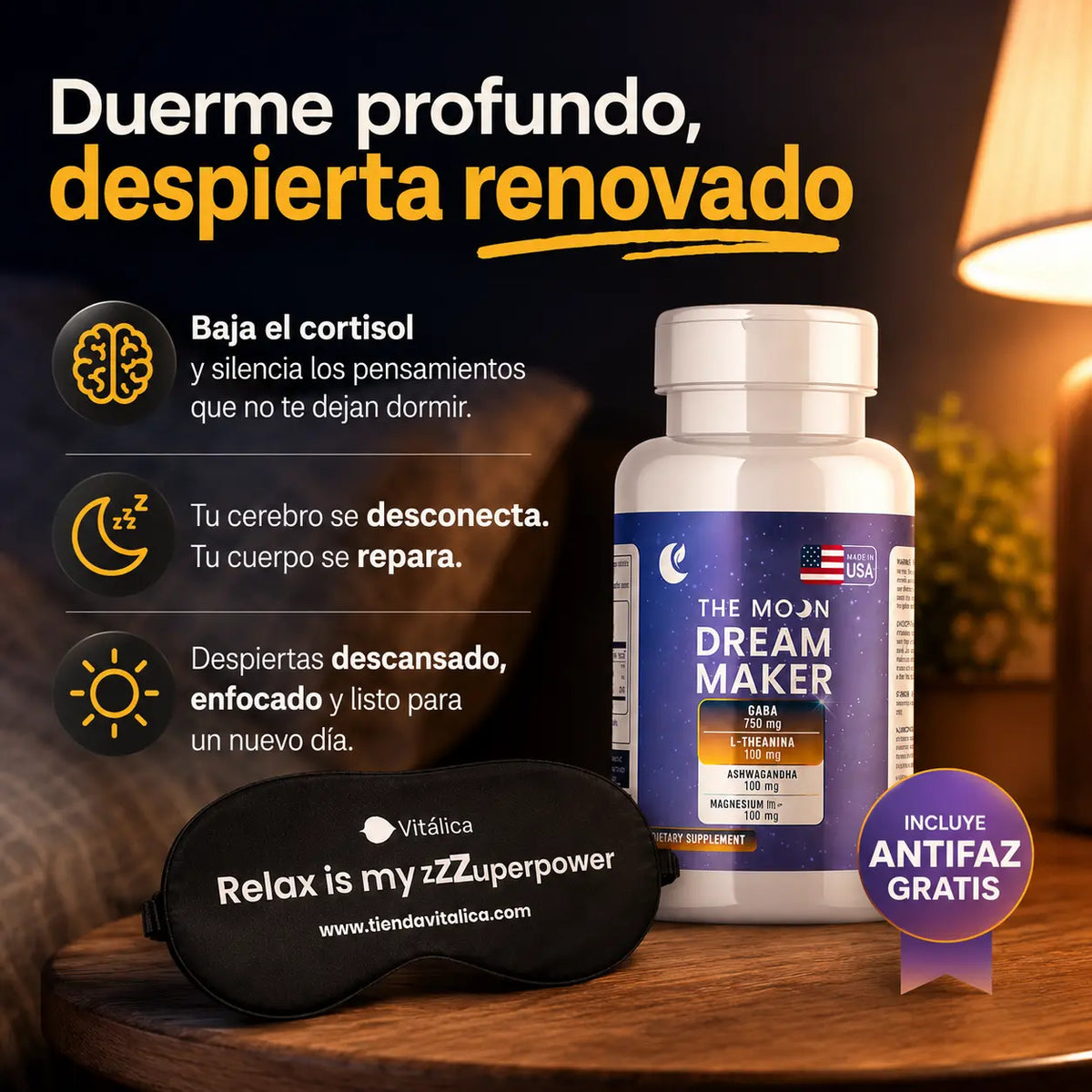 Dream Maker: Gaba + Theanina + Ashwagandha + Magnesio, 60 cápsulas + Antifaz Gratis