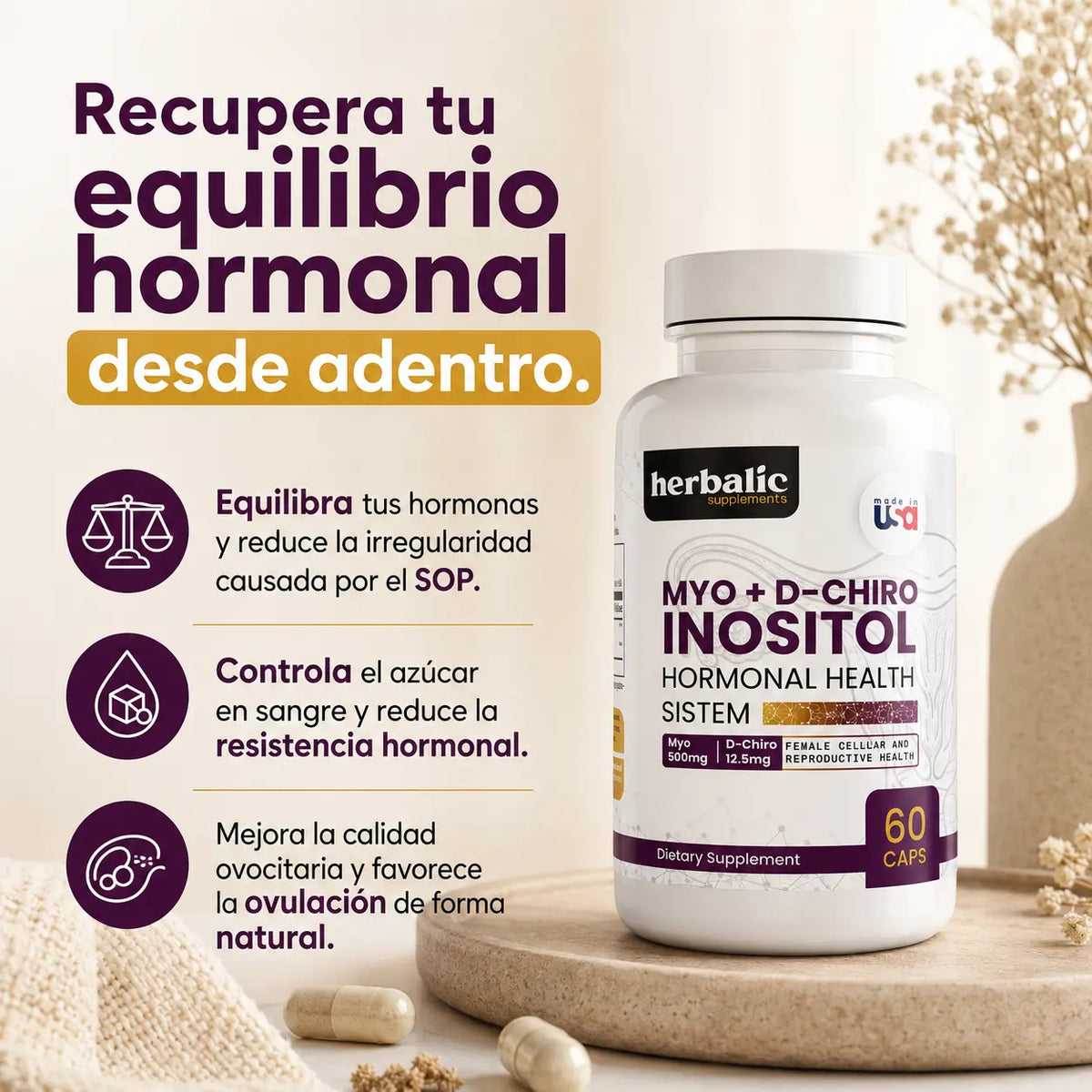 Myo Inositol D Chiro 500 mg, 60 cápsulas