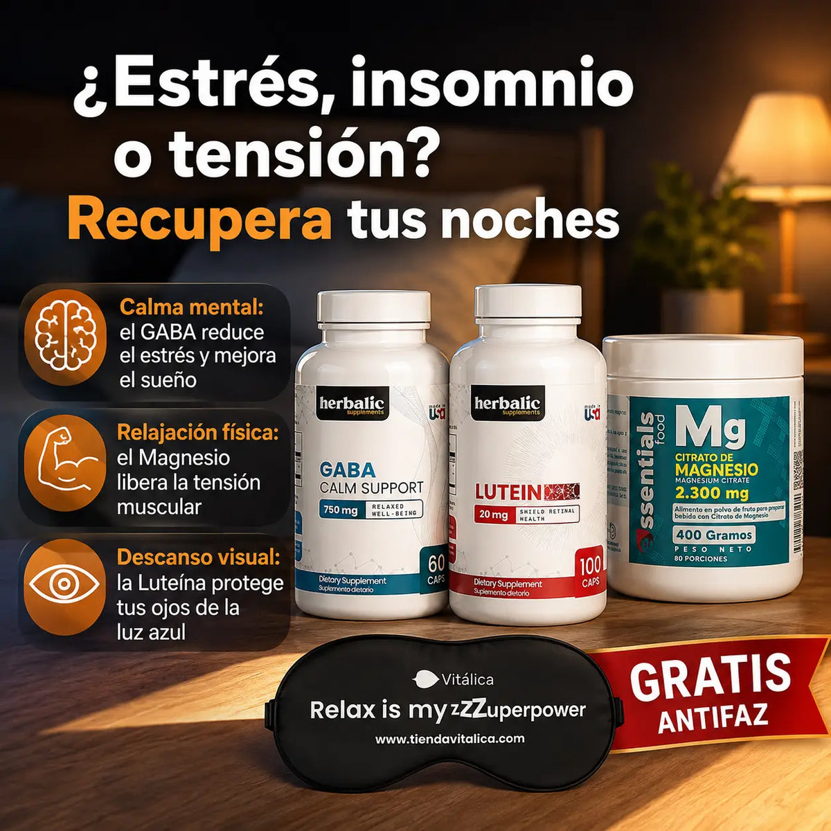 Combo Reset Nocturno Profundo: GABA + Luteína + Citrato de Magnesio + Antifaz GRATIS - 15% OFF