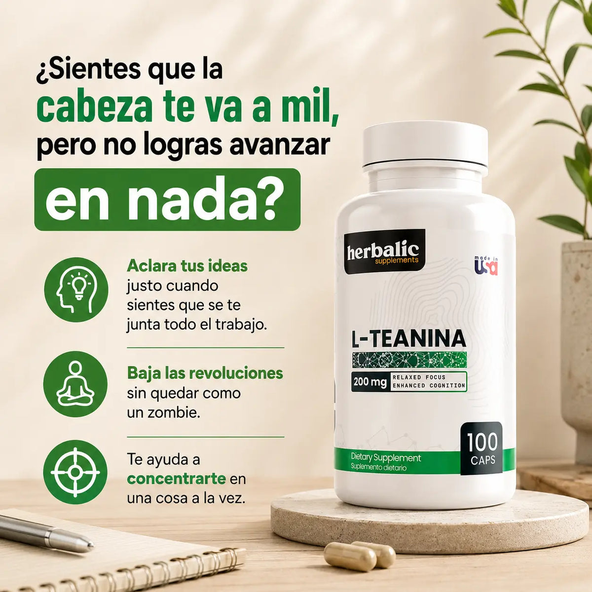 Teanina 200 mg, 100 cápsulas