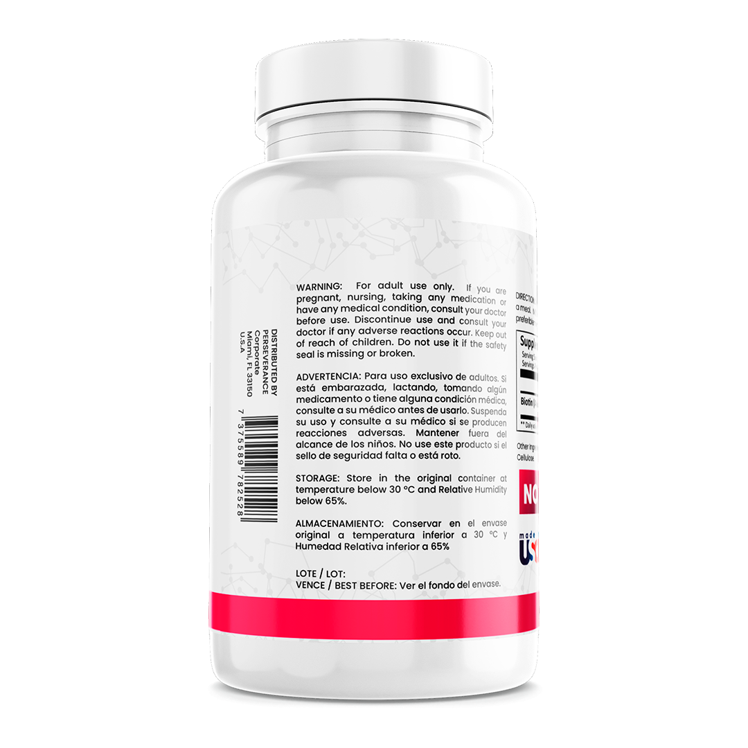 Etiqueta de biotina 10000 mcg con información nutricional y dosis recomendada
