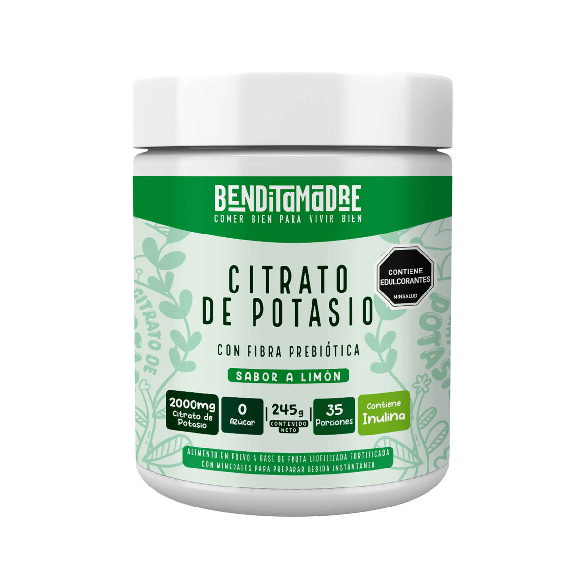 Suplemento potassium citrate en envase con información nutricional y contenido de potasio