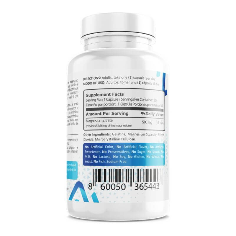 Etiqueta nutricional citrato de magnesio 500 mg cápsulas información supplement facts