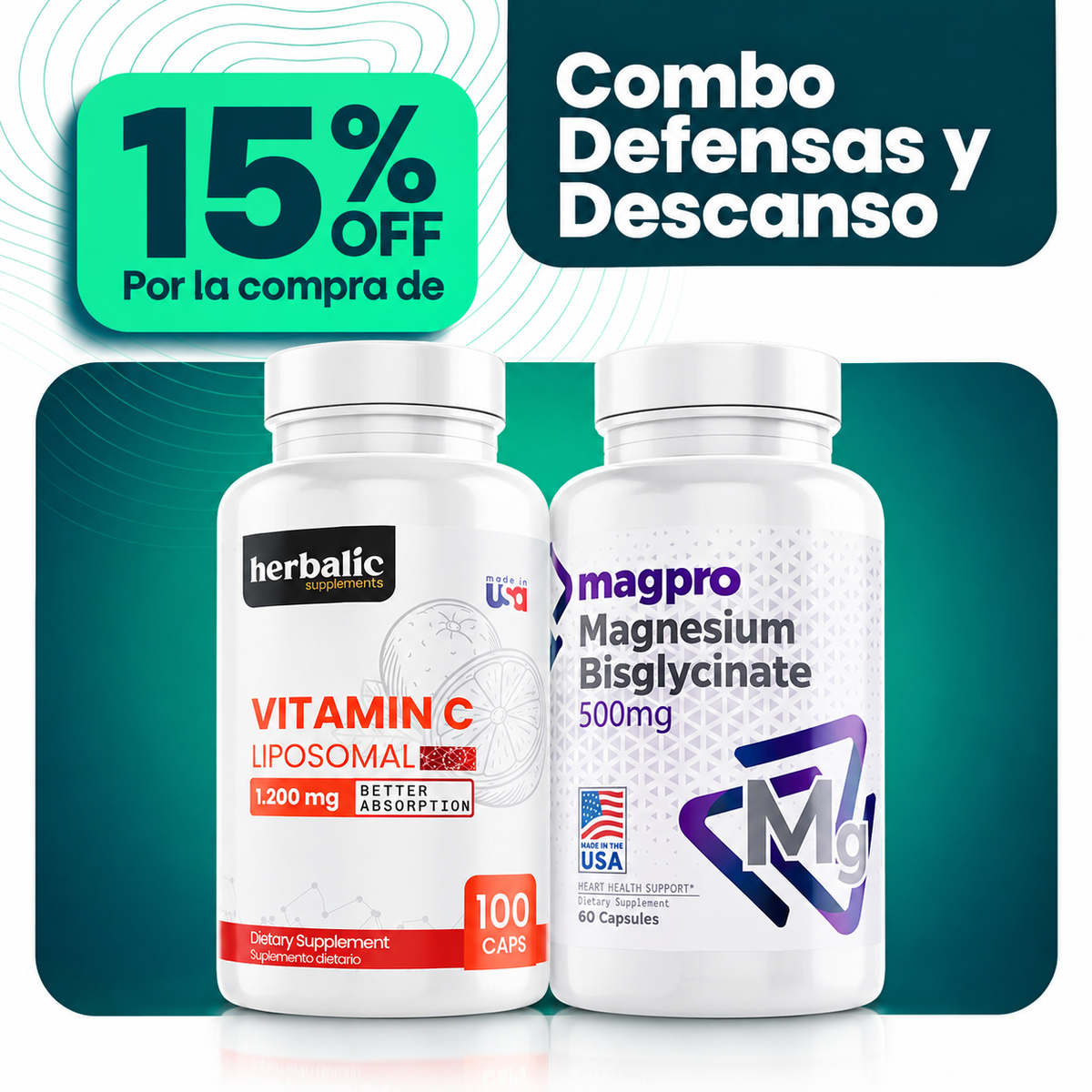 Combo Defensas y Descanso: Vitamina C Liposomal y Bisglicinato de Magnesio