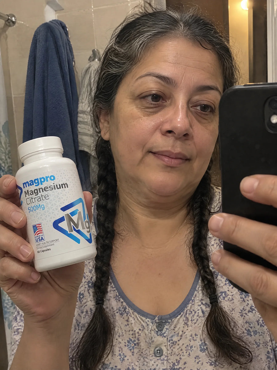 Cliente con Citrato de Magnesio 500mg frente al espejo