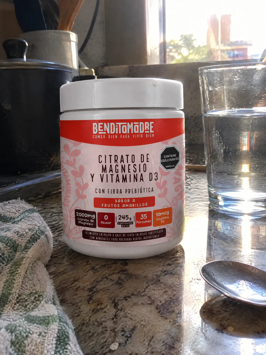 Citrato de Magnesio + Vitamina D3 sobre una superficie de la casa