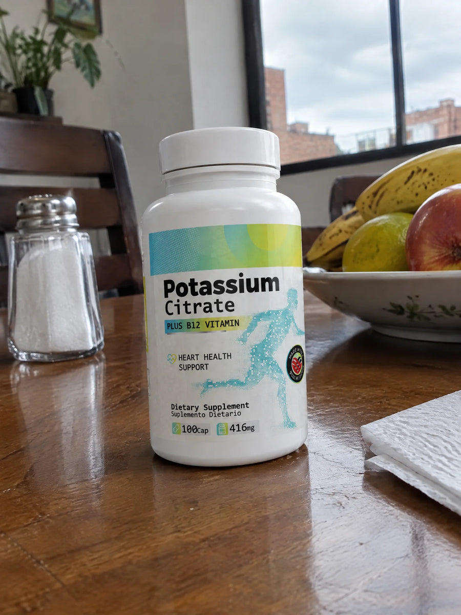 Citrato de potasio 416mg sobre una superficie de la casa
