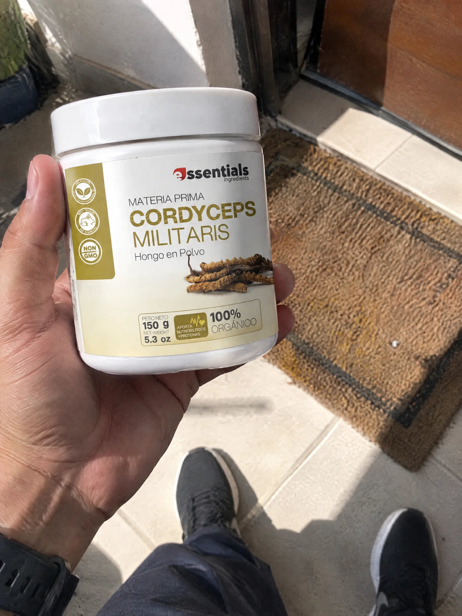 Mano sosteniendo Cordyceps militaris en polvo