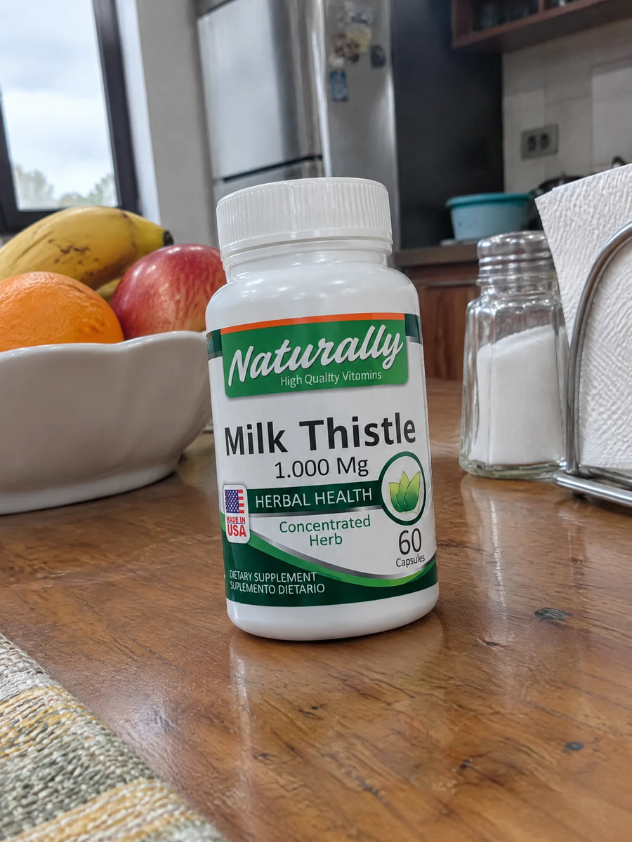 Milk thistle 1000Mg 60 cápsulas sobre una superficie de la casa