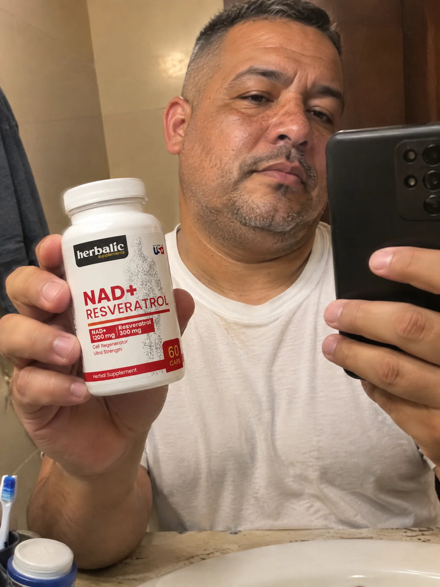 Cliente con NAD  Resveratrol 1500mg frente al espejo