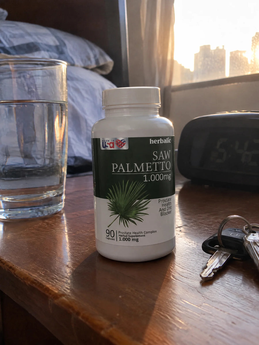 Saw Palmetto 1000 mg sobre una superficie de la casa