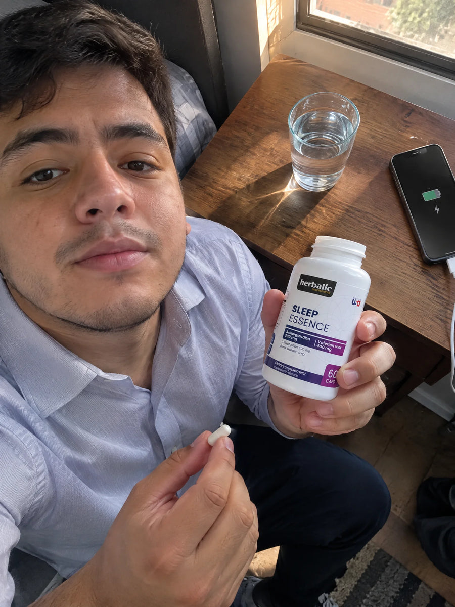 Persona usando Sleep Essence: Ashwagandha + Valeriana + L-Triptófano en su rutina diaria