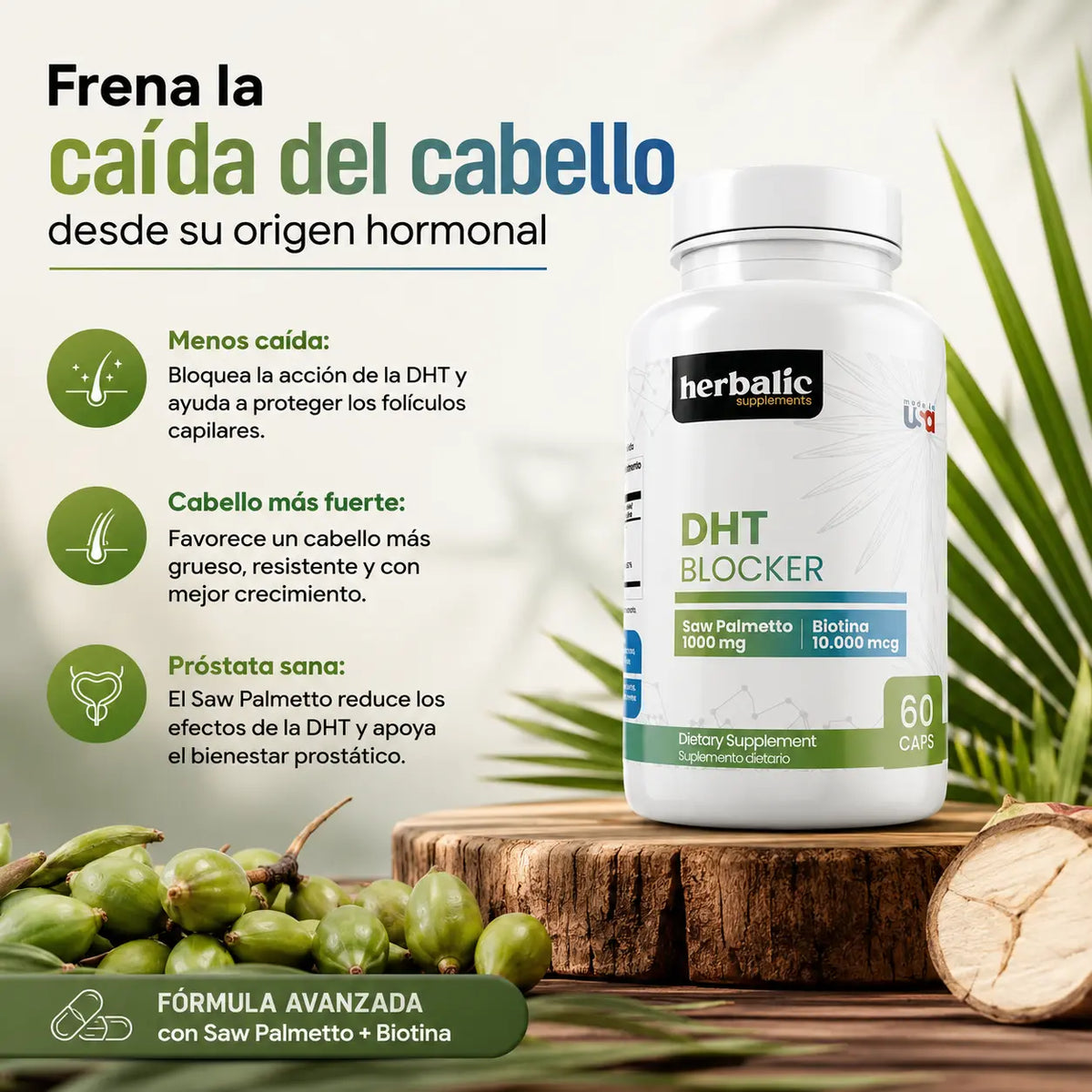 DHT Blocker Saw Palmetto + Biotina, 60 Cápsulas
