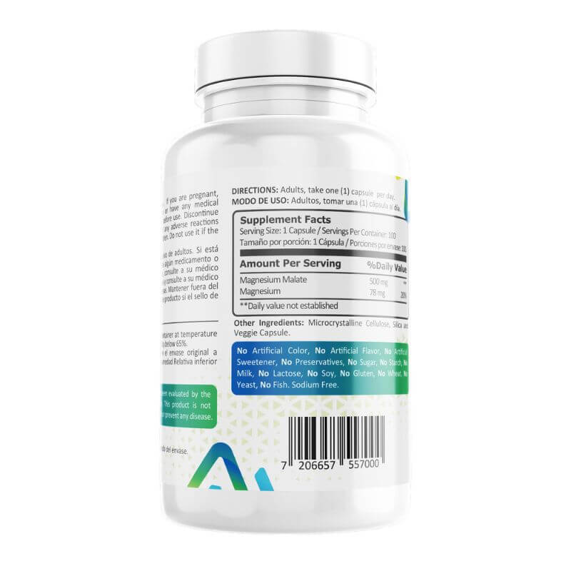 Malato de magnesio 500mg,  100 Cápsulas