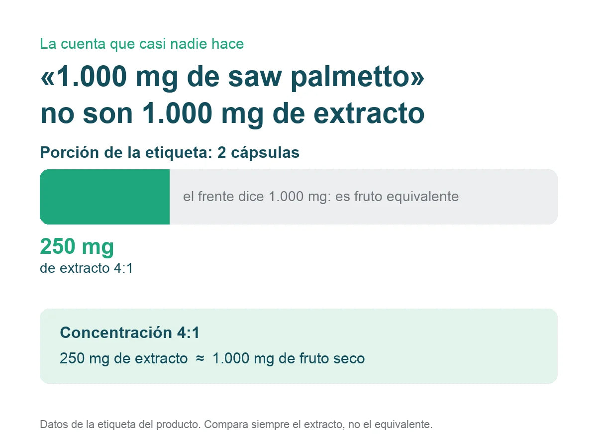 Cuenta de la etiqueta: la porción de 2 cápsulas trae 250 mg de extracto 4:1, el equivalente a 1.000 mg de fruto